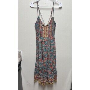 Angie Boho Floral Sundress Spaghetti Strap Womens Large Rayon Festival Teal Pink